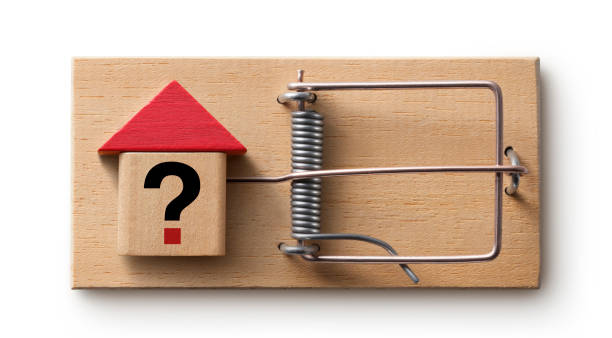 Miniature model house in mousetrap isolated on white background.